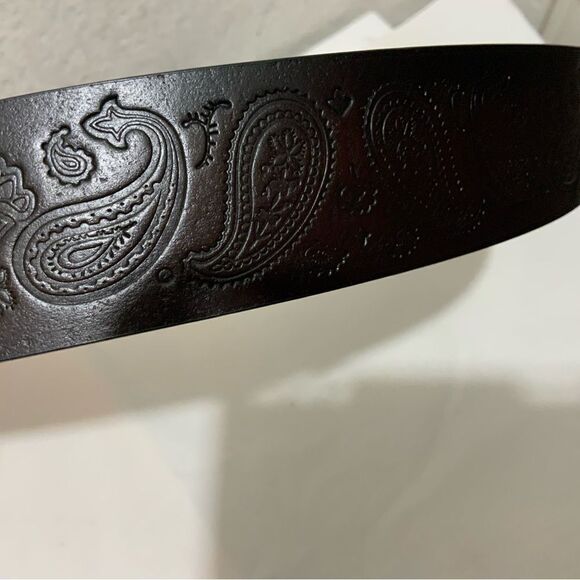 Unbranded embossed leather belt with silvertone and turquoise buckle 43” long